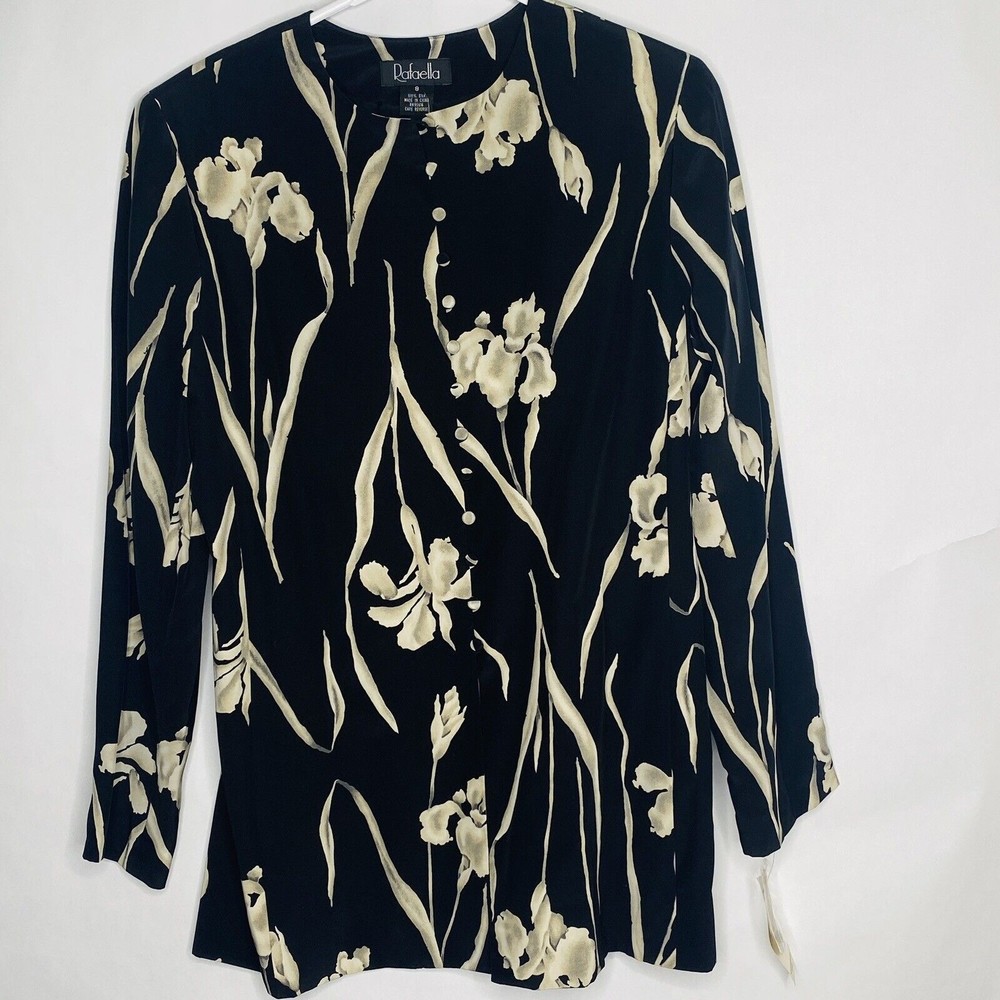 Rafaella Blazer Women 8 Grey Floral 100% Silk Button Front Shoulder Pads